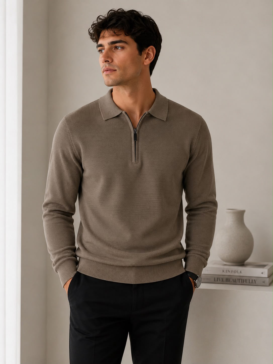 Camisa Polo Tricô Manga Longa Zíper Marrom